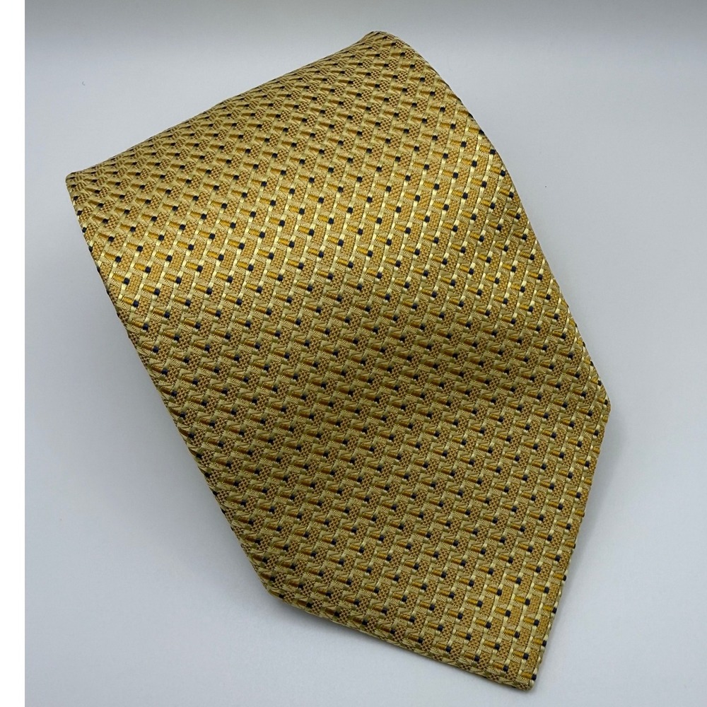 Takeo Kikuchi Necktie 3.75" Gold Yellow Geometric Woven Silk Classic Business